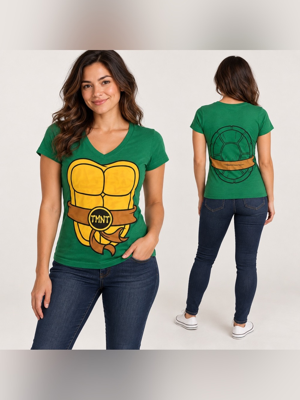 Nickelodeon TMNT Women’s Green V-Neck Costume Tee Front & Back M